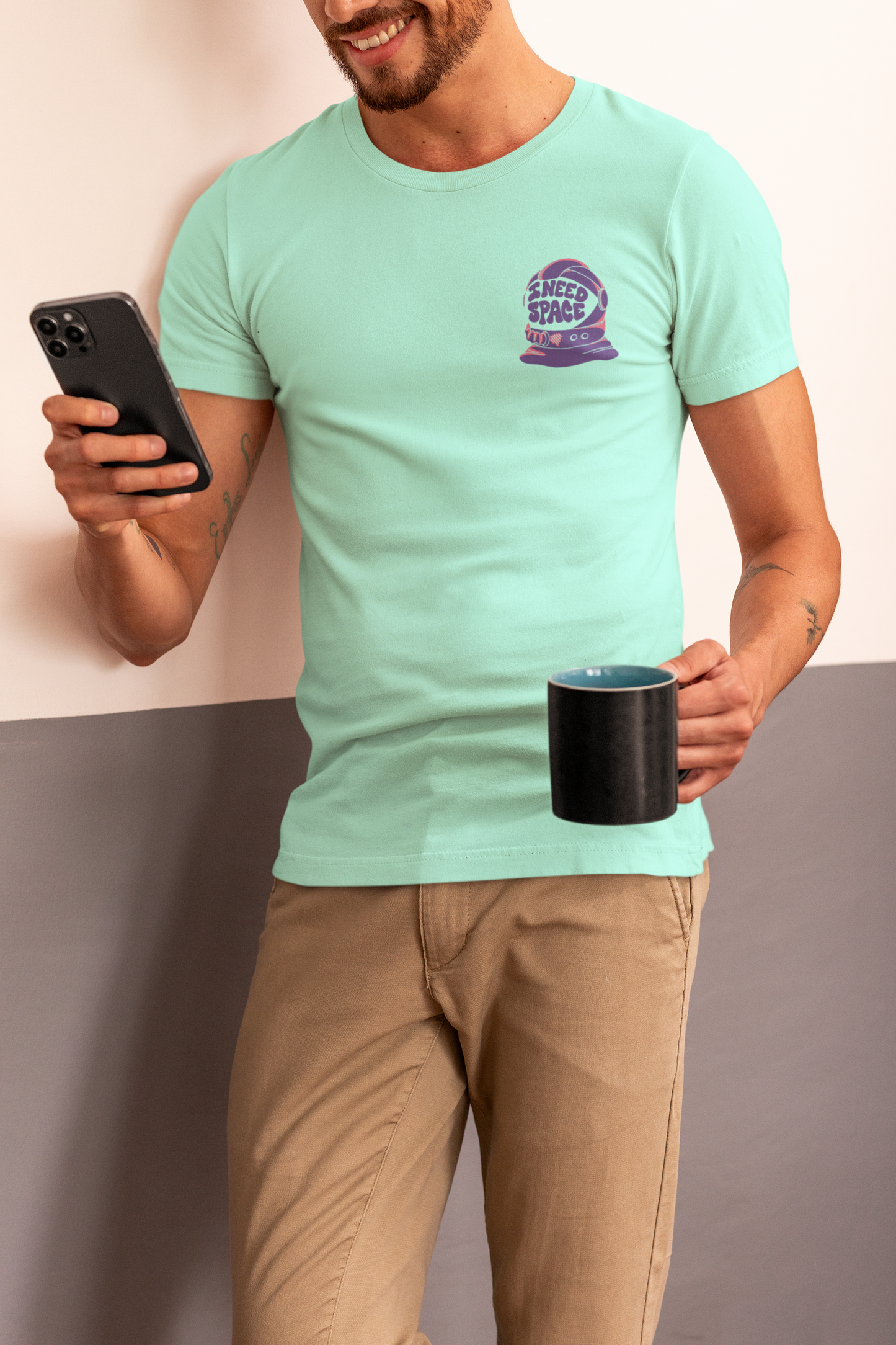 "I Need My Space" Printed Round Neck Half Sleeve Mint T-shirt