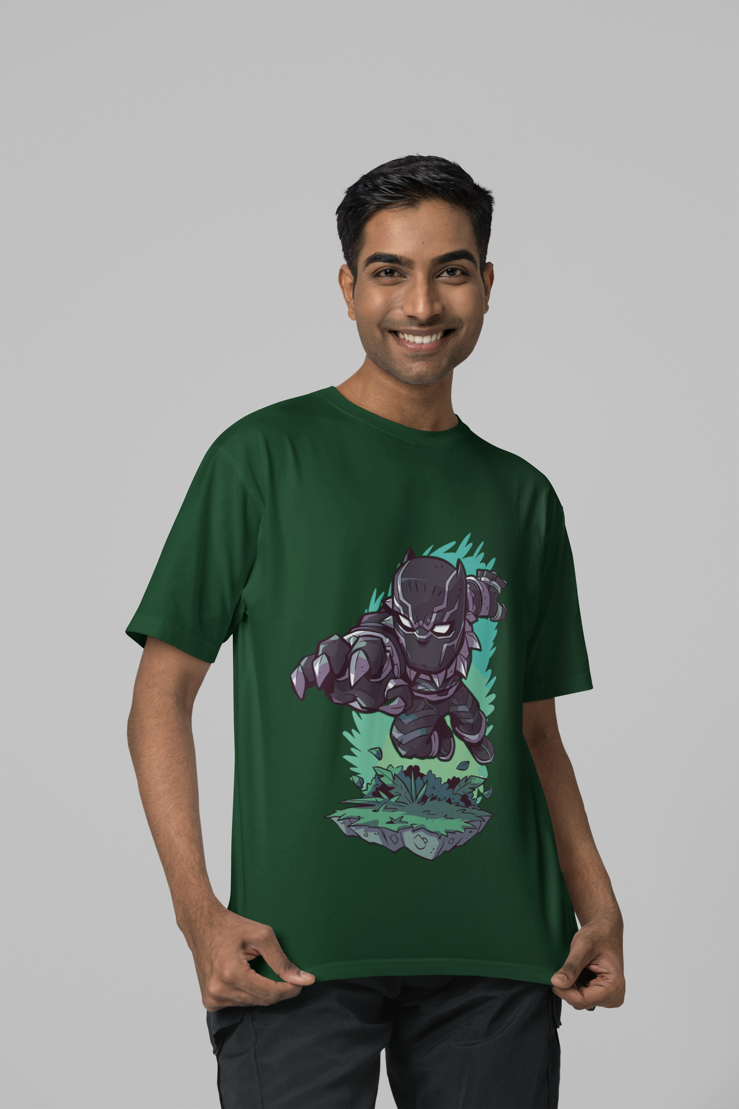 Bottle Green Oversized Unisex T-shirt With chibi Black Panther In Action
