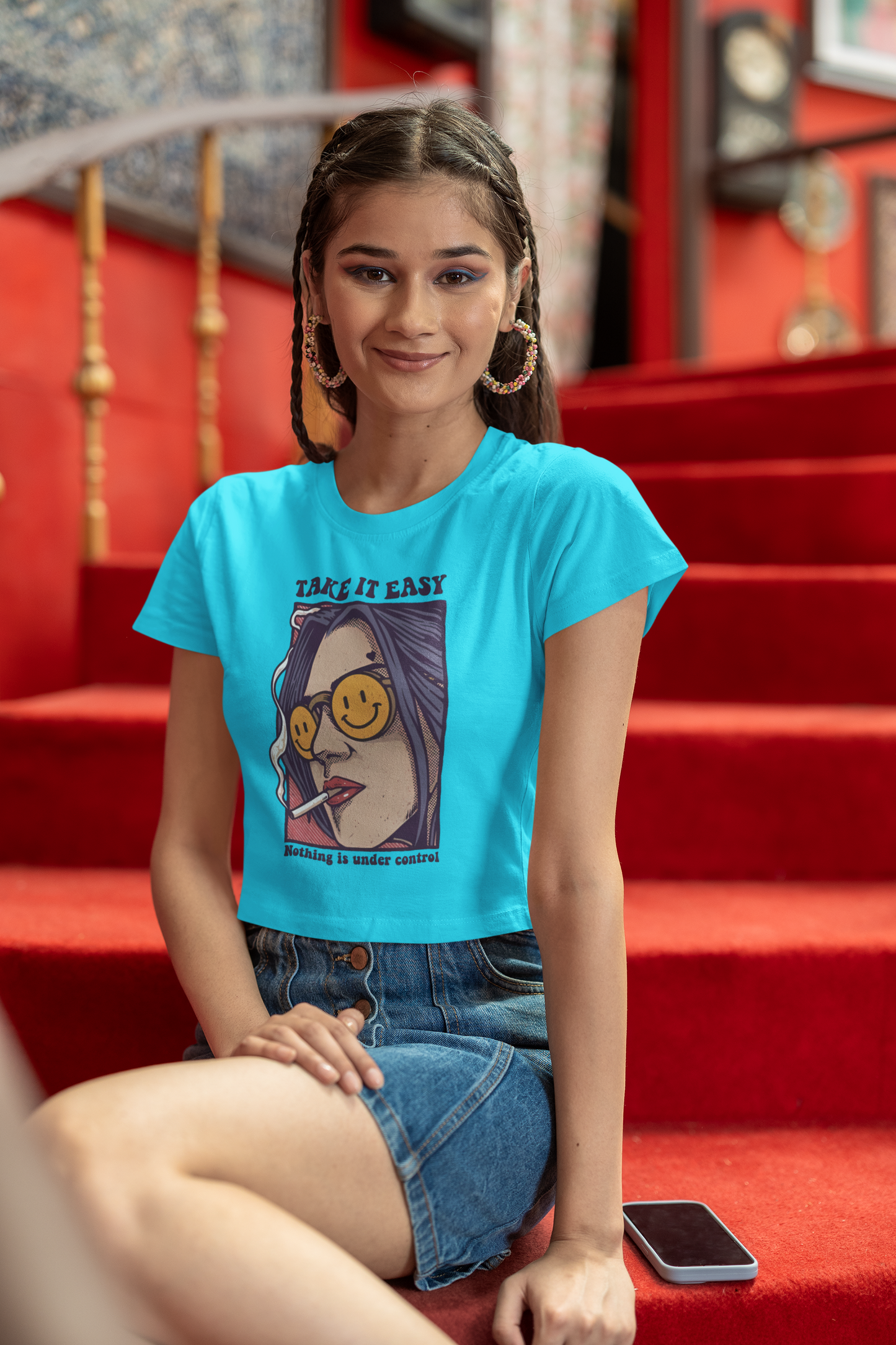 "Take It Easy" Printed Sky Blue Crop Top