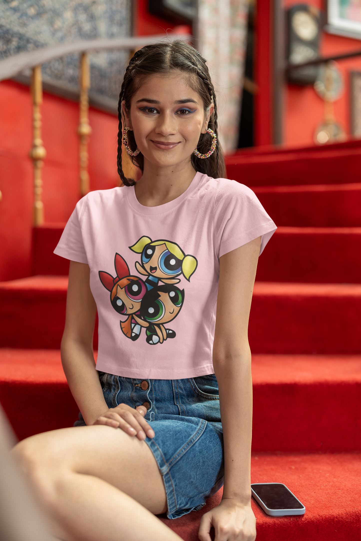 "Power Puff Girls" Printed Light Baby Pink Crop Top