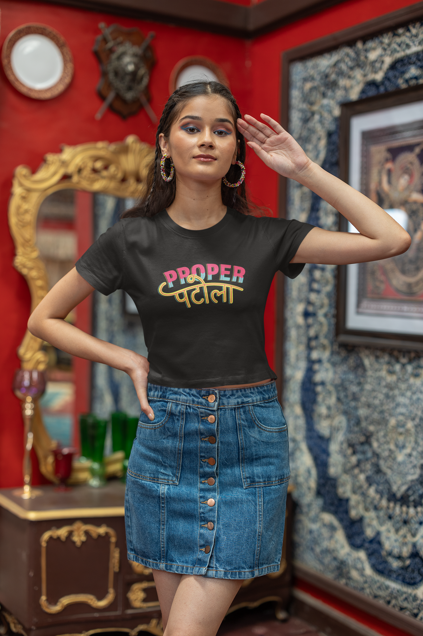 "Proper Patola" Printed Black Crop Top