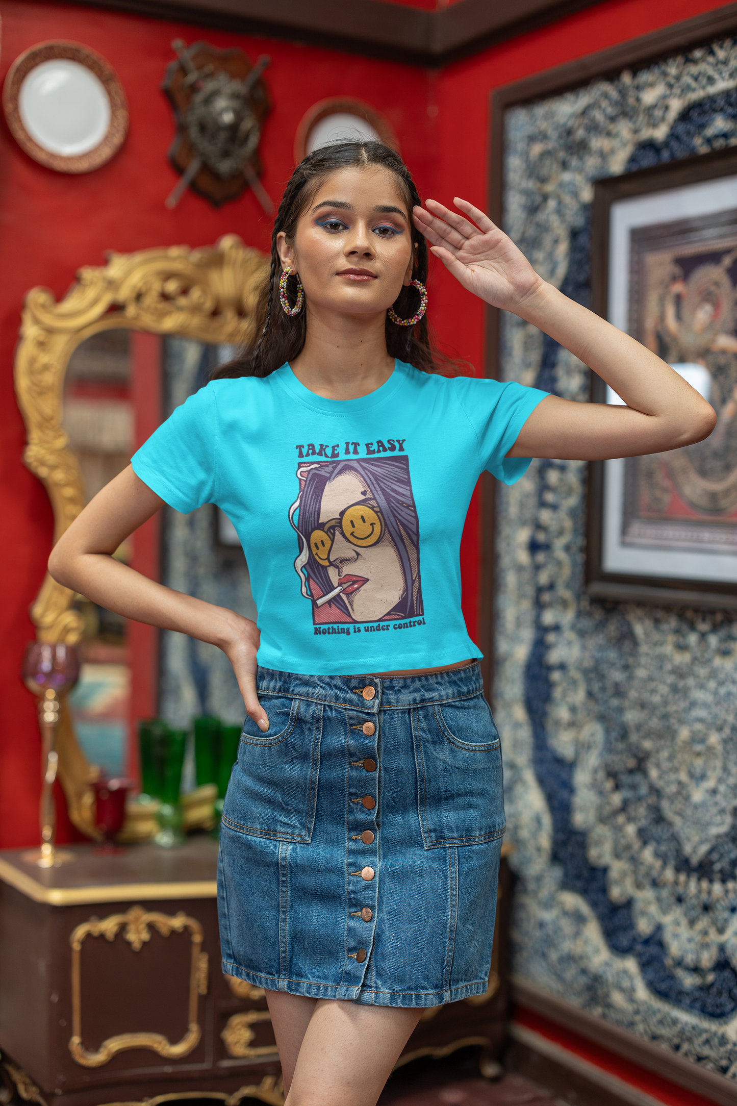 "Take It Easy" Printed Sky Blue Crop Top