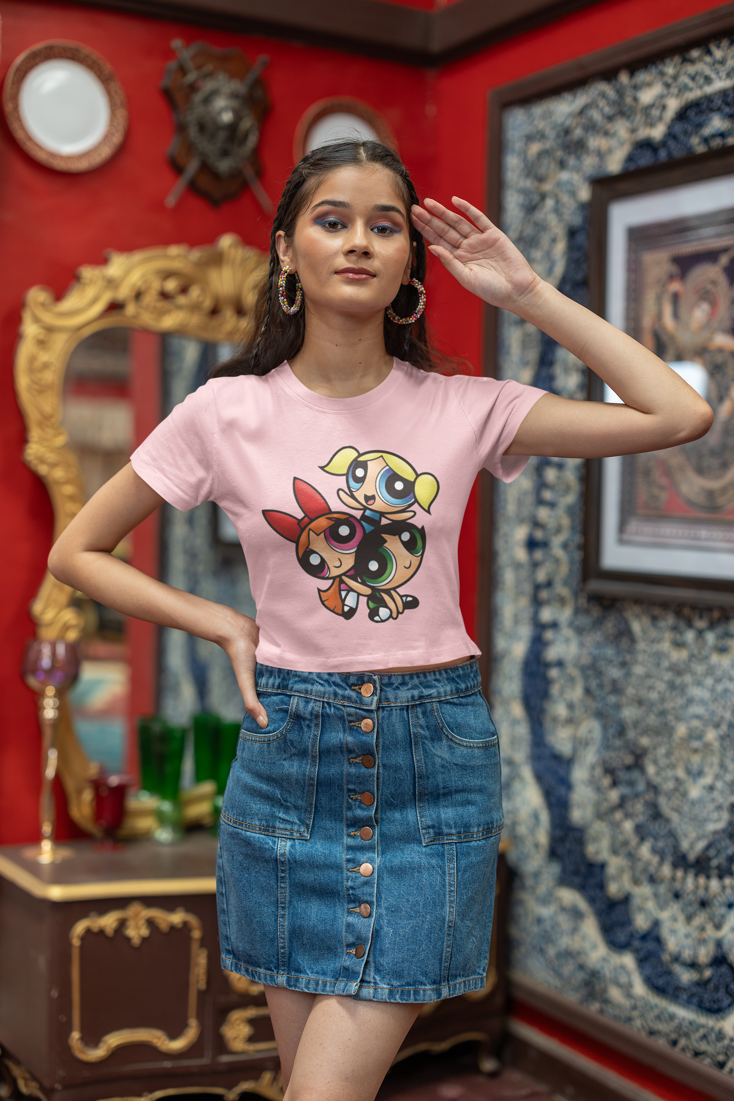 "Power Puff Girls" Printed Light Baby Pink Crop Top