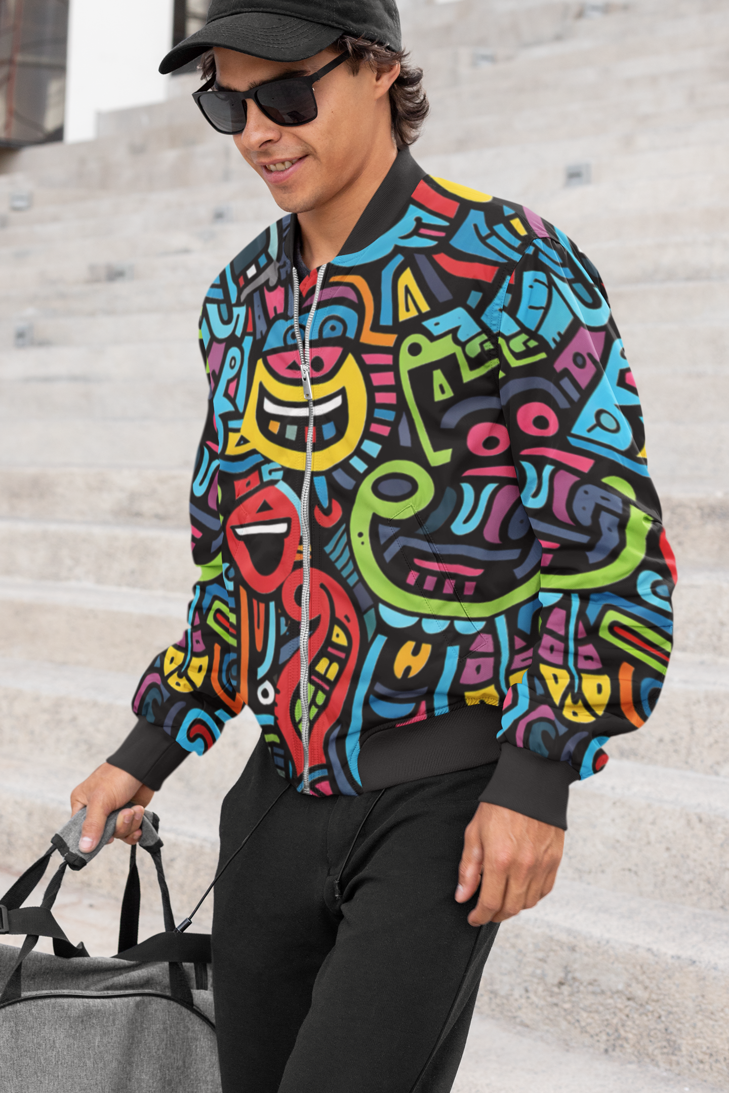 Smiley Motif Multicolor Bomber Jacket for Men
