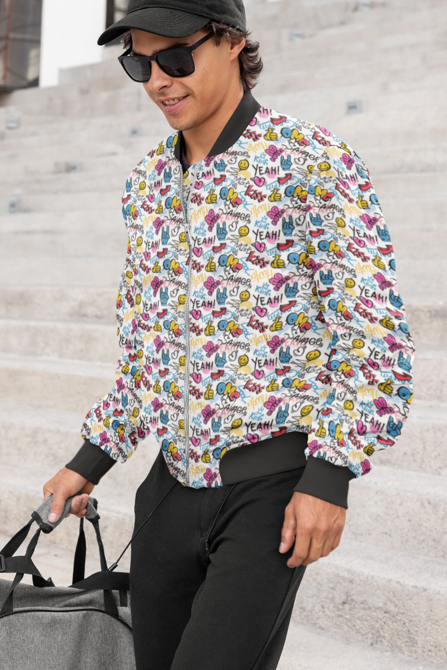 Urban Edge: Men's Graffiti Pattern Bomber Jacket