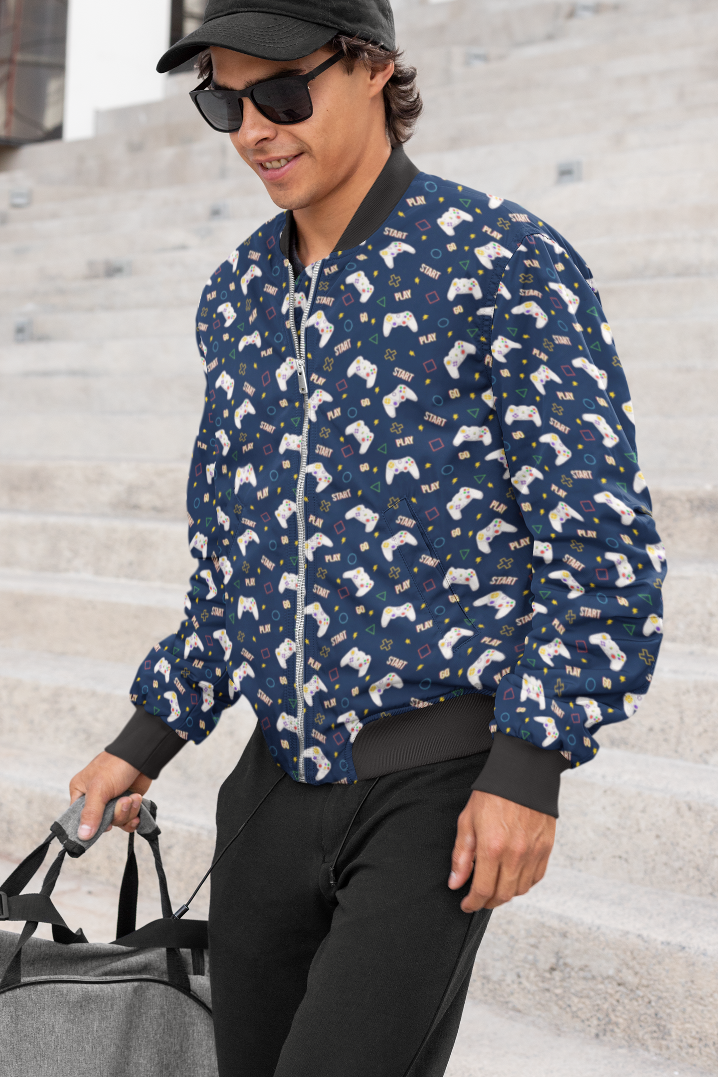 Level Up: Gamer's Blue Game Controller Print Bomber Jacket