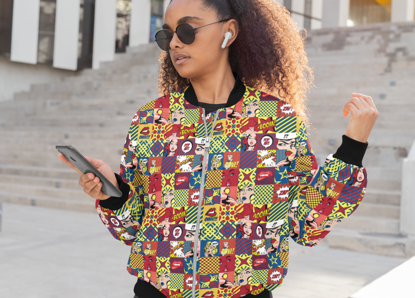 Pop Art Chic: Retro Comic-Inspired Women's Bomber Jacket