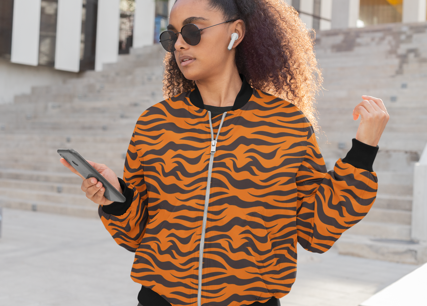 Wild Stripes: Tiger Print Women's Bomber Jacket