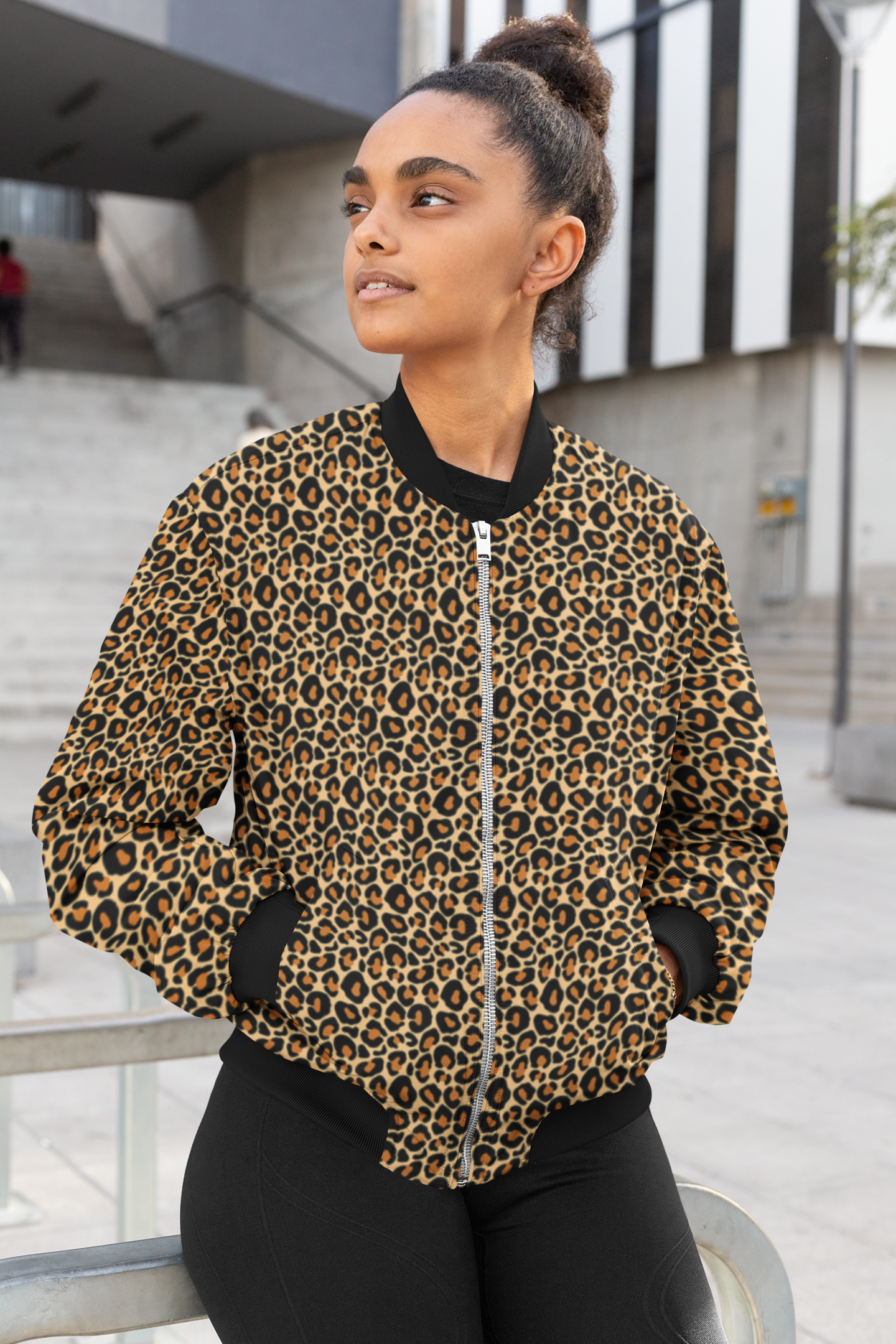 Savanna Chic: Leopard Print Women's Bomber Jacket
