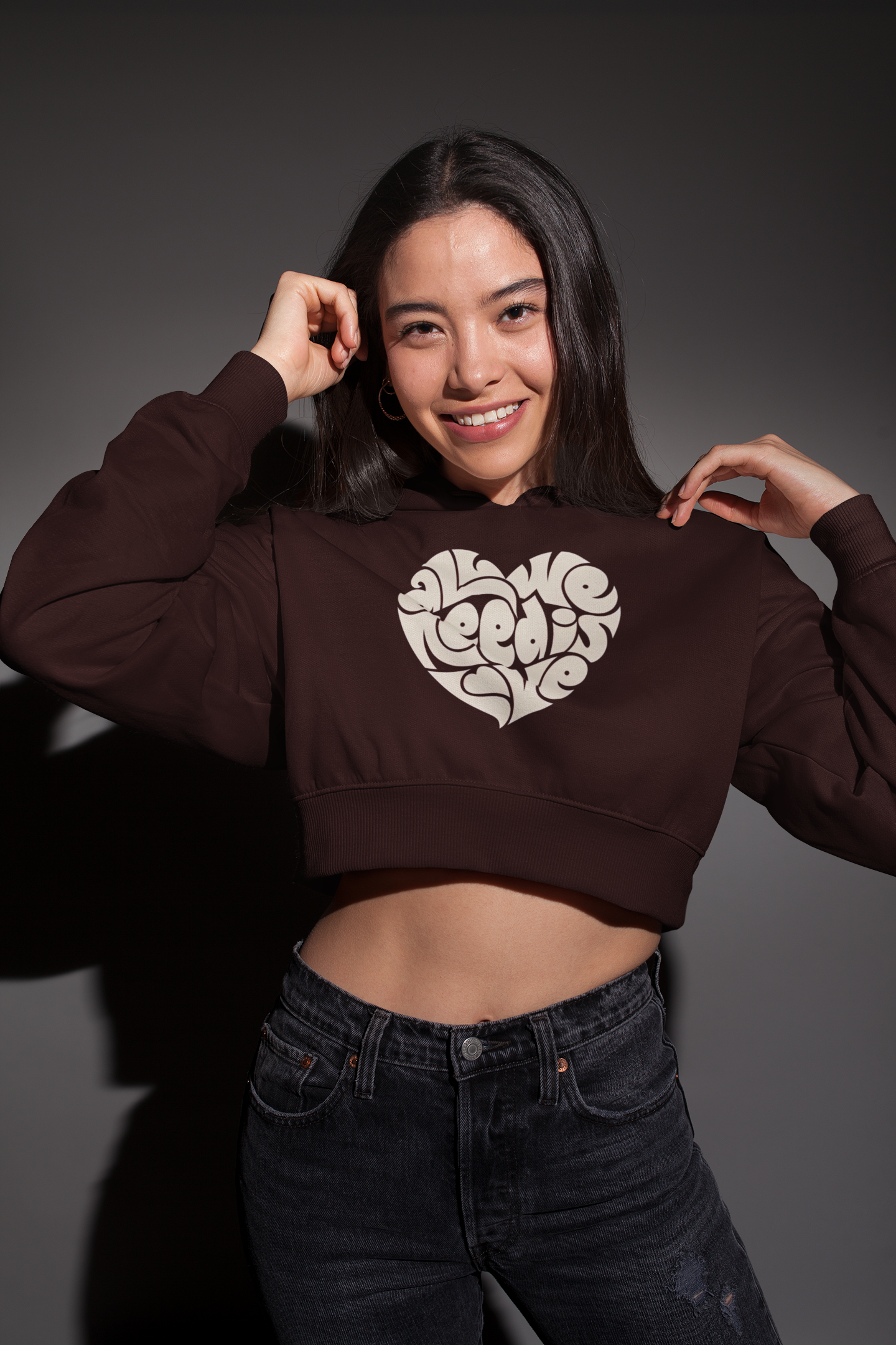 "All We Need Is Love" Heart-Shaped Print Crop Hoodie in Maroon