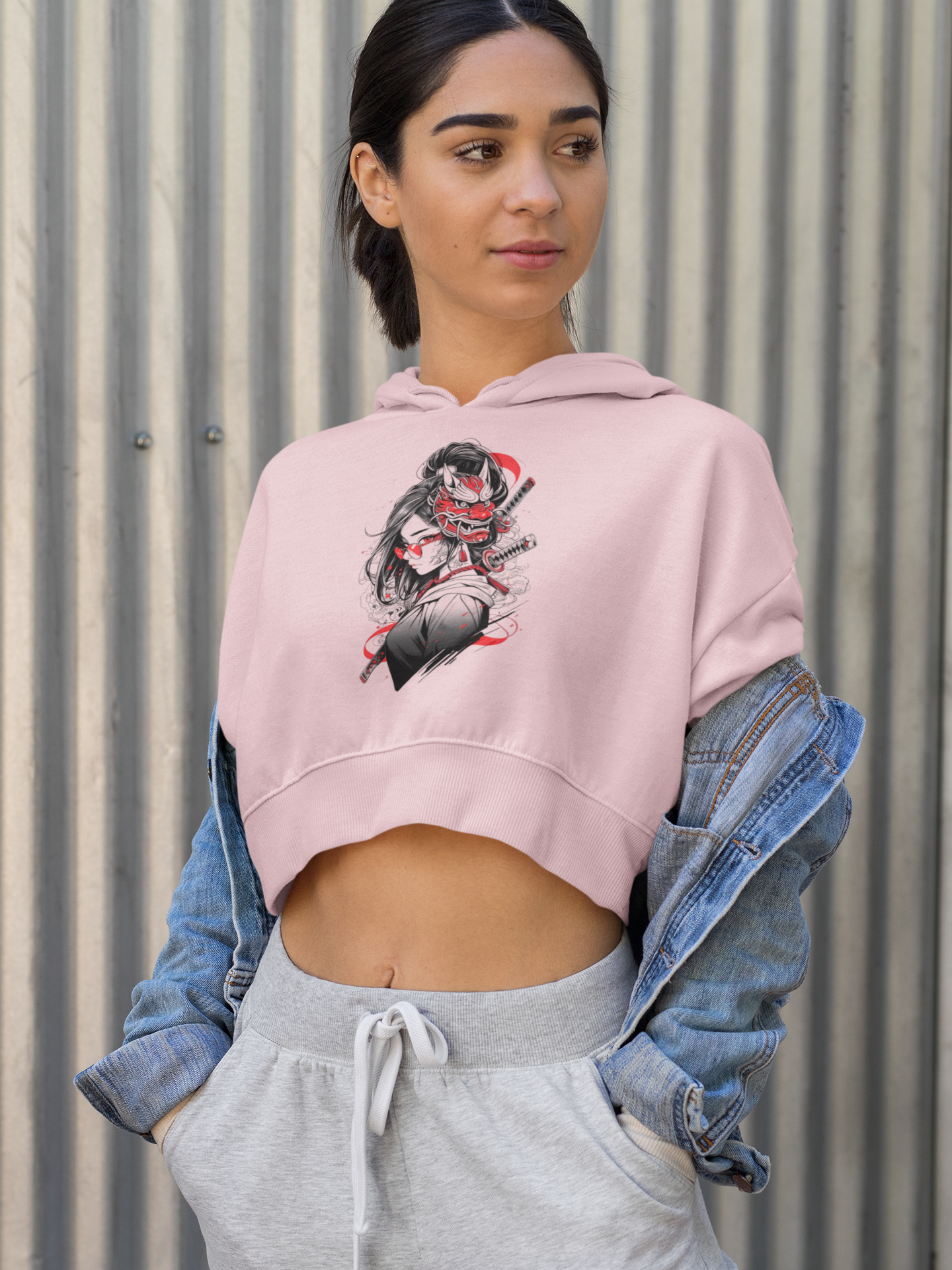 Fierce Elegance Baby Pink Crop Hoodie – Dragon Mask Samurai Girl Edition