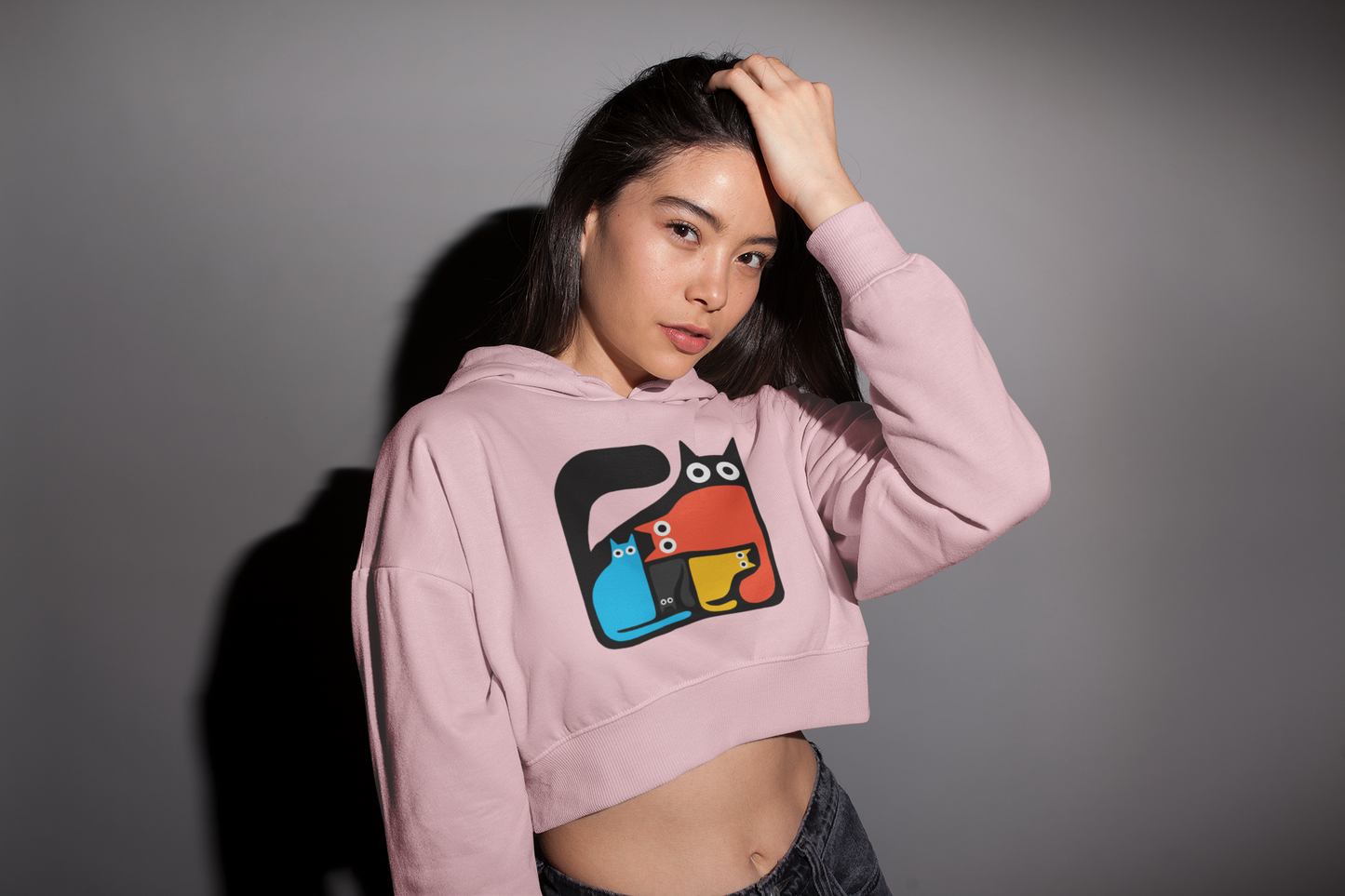 Playful Cat Squad Baby Pink Crop Hoodie – Purrfectly Chic and Cozy!