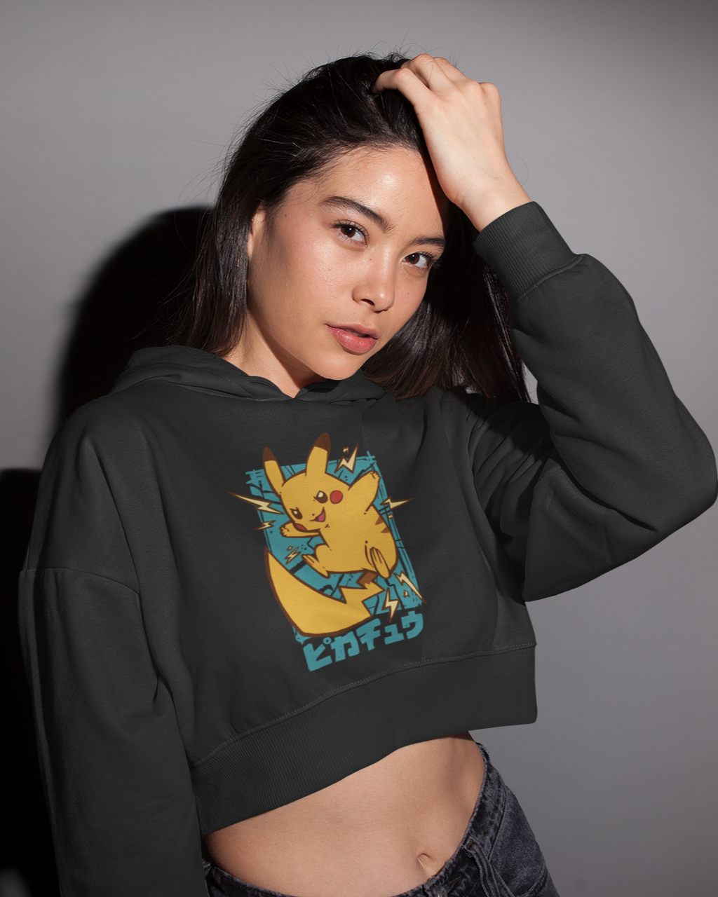 Electric Vibes Black Crop Hoodie – Pikachu Edition for a Spark of Style!