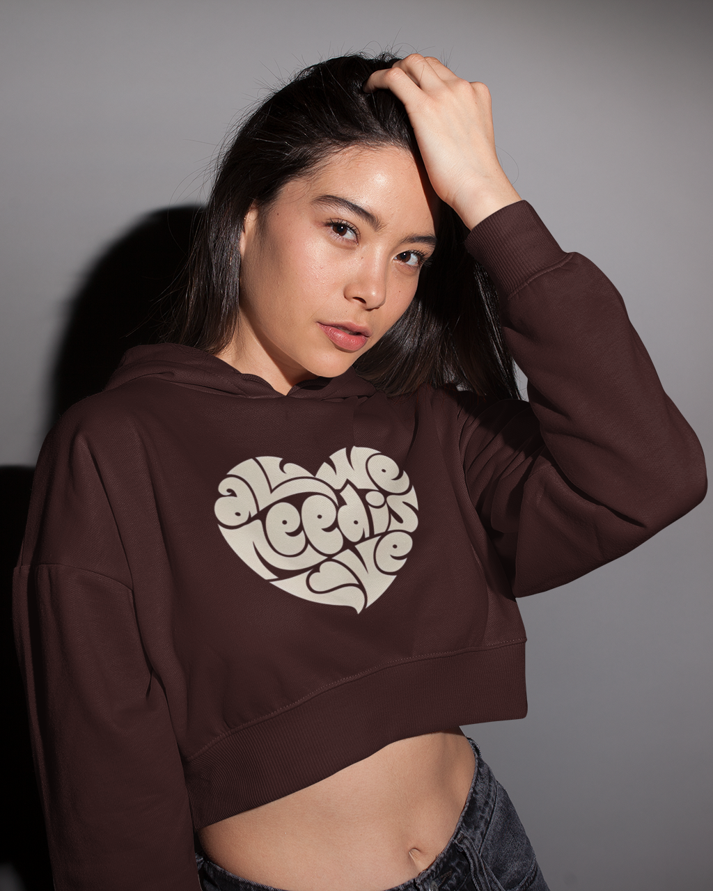 "All We Need Is Love" Heart-Shaped Print Crop Hoodie in Maroon