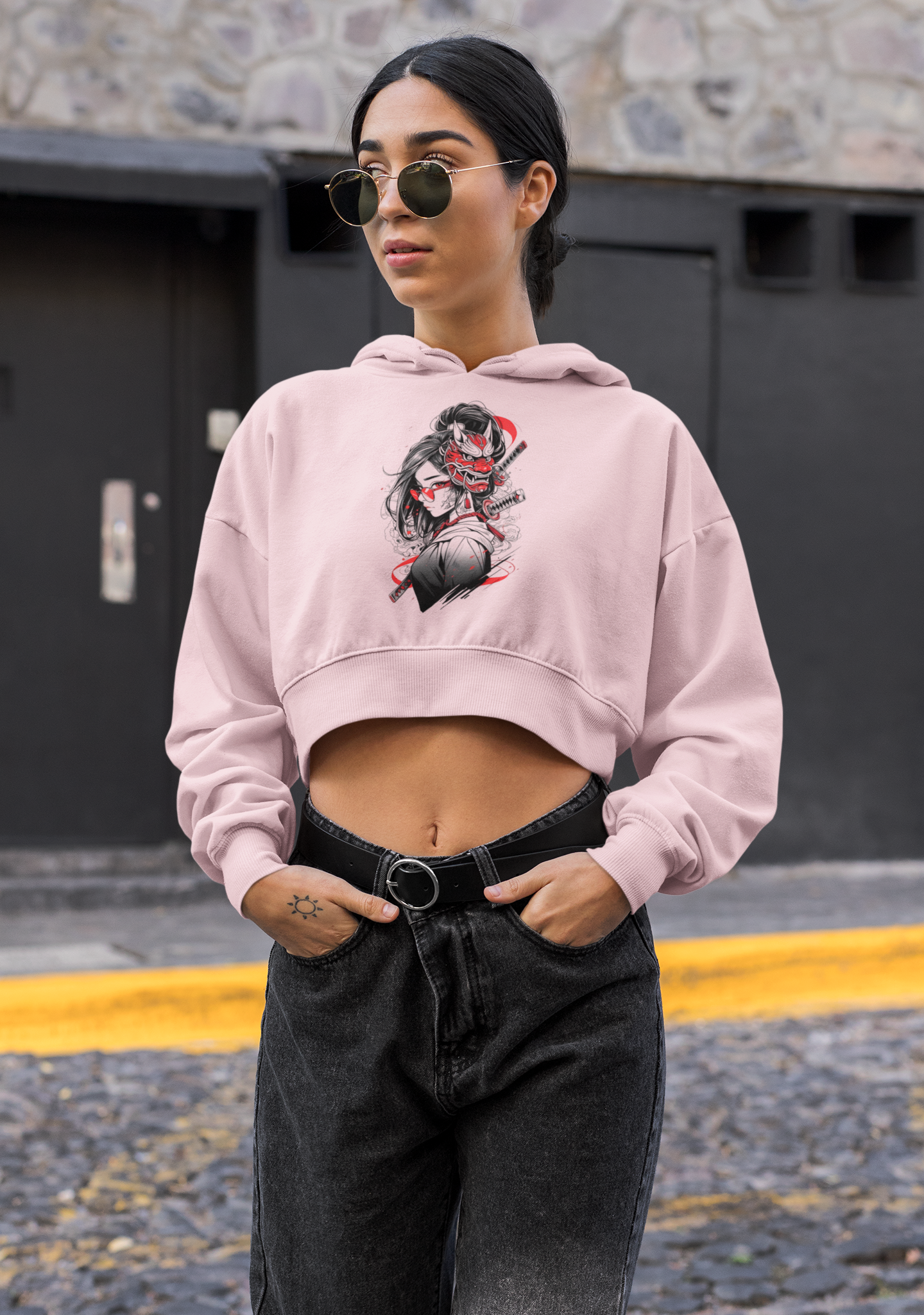 Fierce Elegance Baby Pink Crop Hoodie – Dragon Mask Samurai Girl Edition