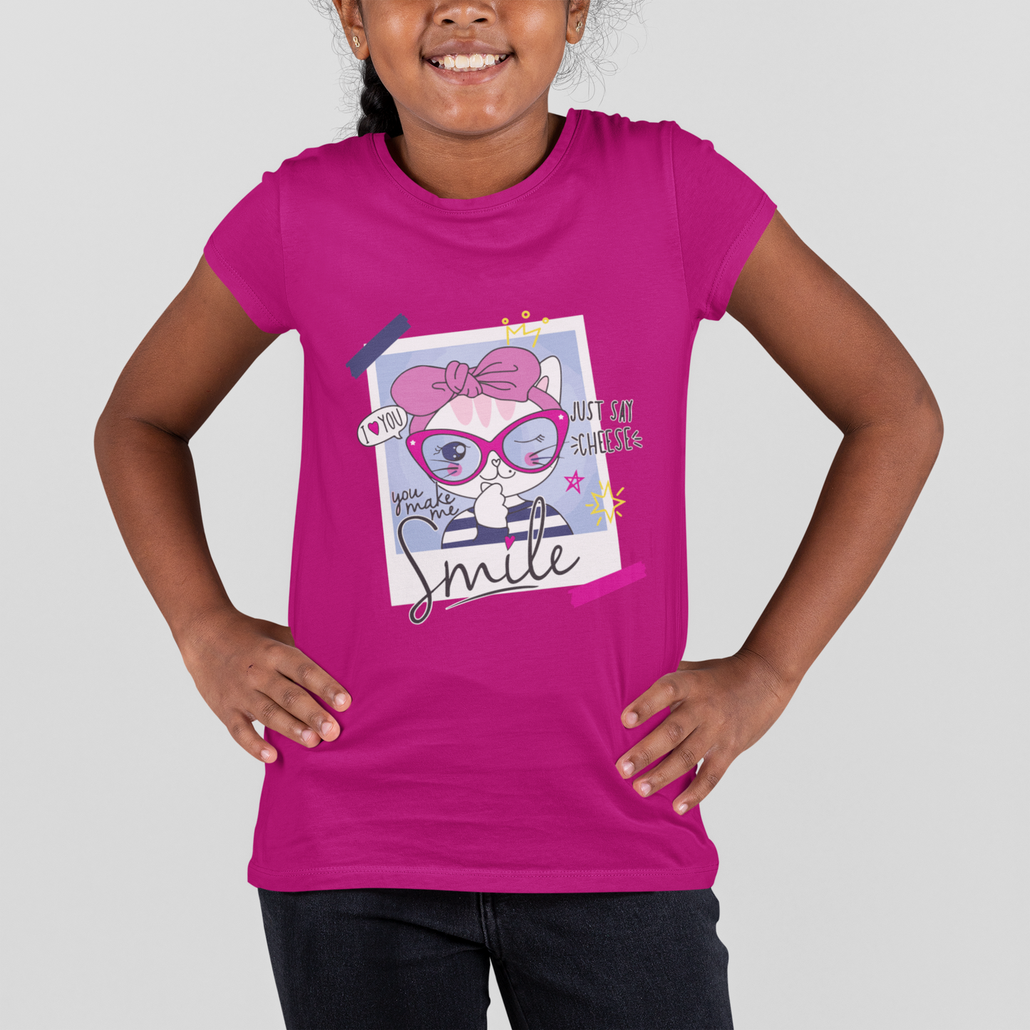 Girls' Graphic Tee with Pink Bow Cat & "Smile" Design