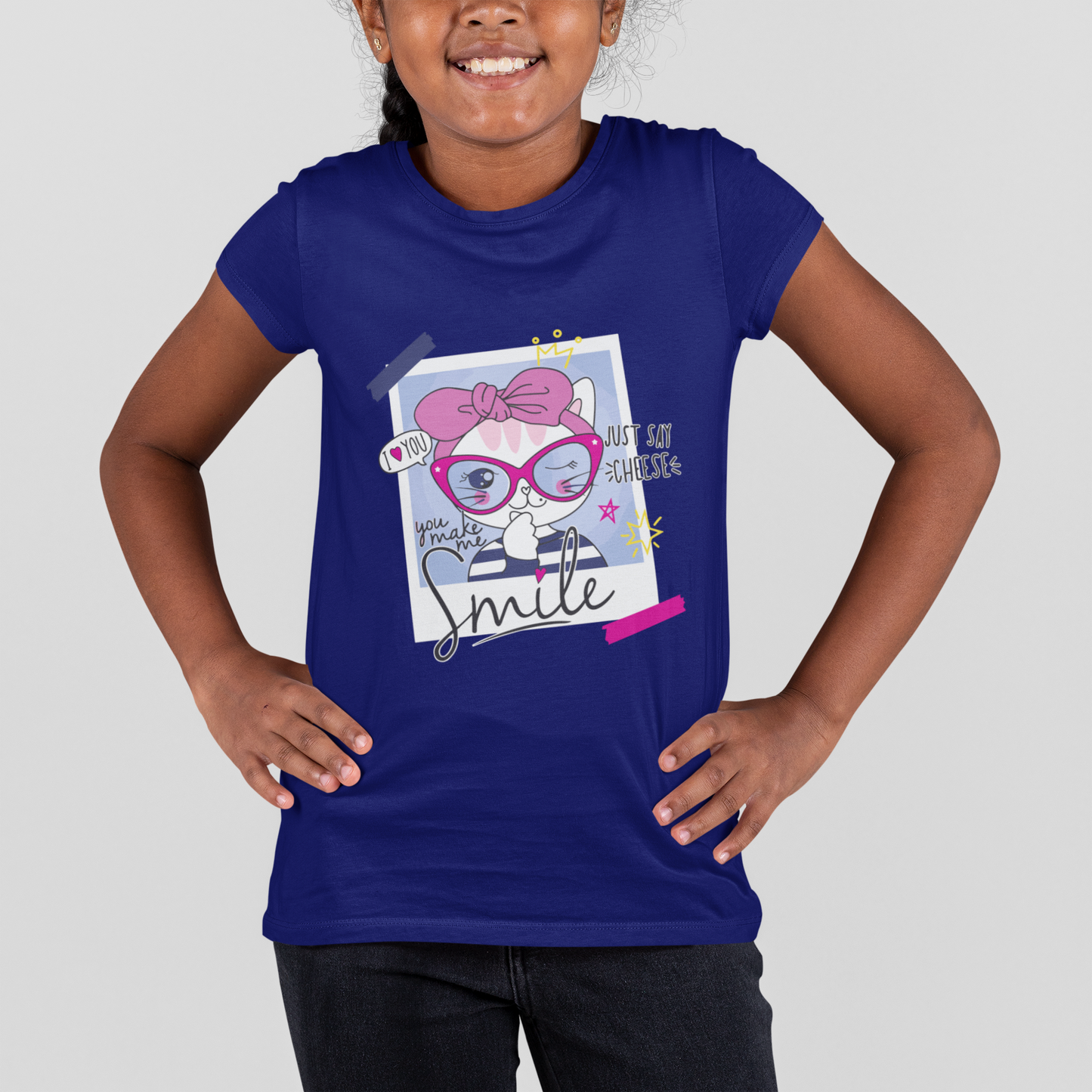 Girls' Graphic Tee with Pink Bow Cat & "Smile" Design