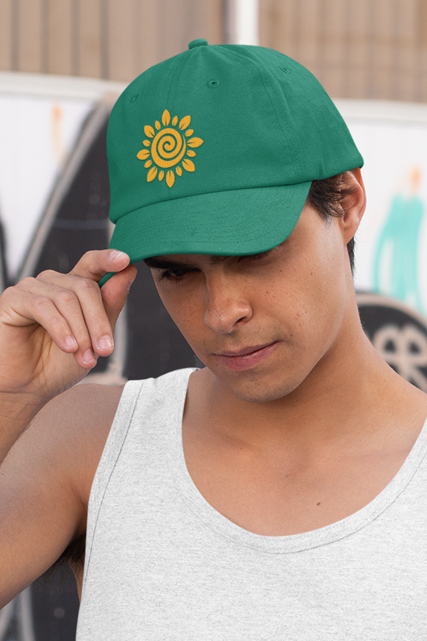 Men's/Women's Green Baseball Hat - Unique Sunflower Design