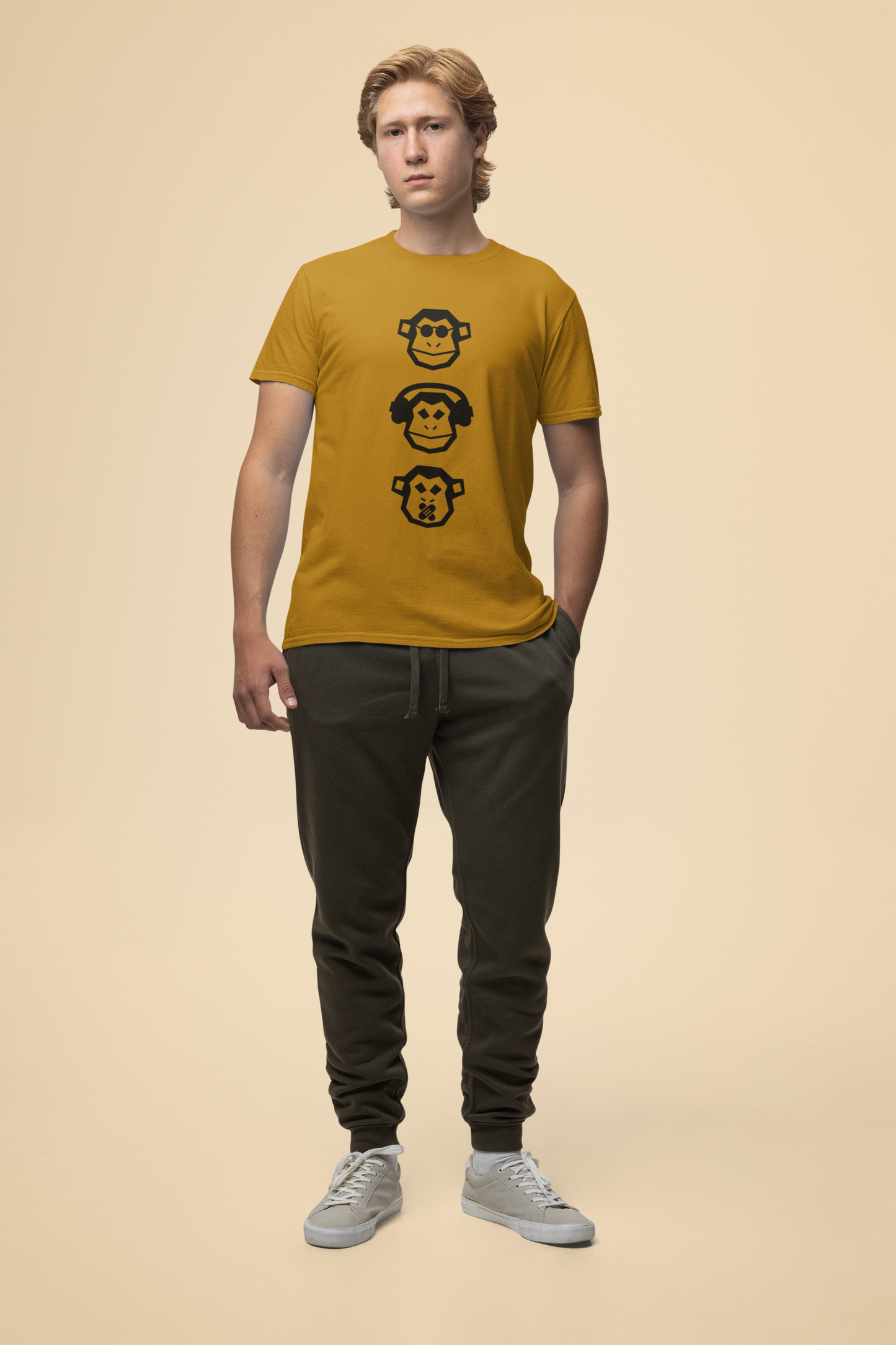 Pure Cotton Mustard Yellow Tee | See Hear Speak No Evil Monkey Print