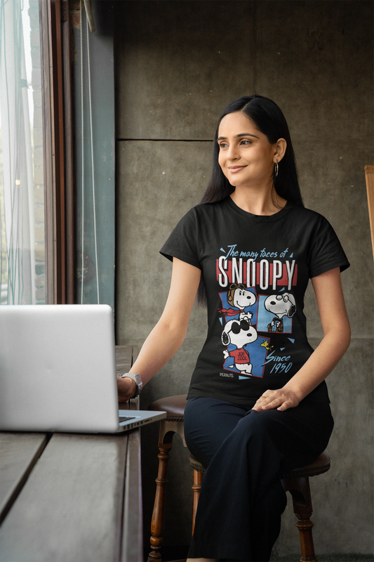 Chic & Nostalgic Black Tee – ‘Snoopy Expressions’ Fun Cartoon Design