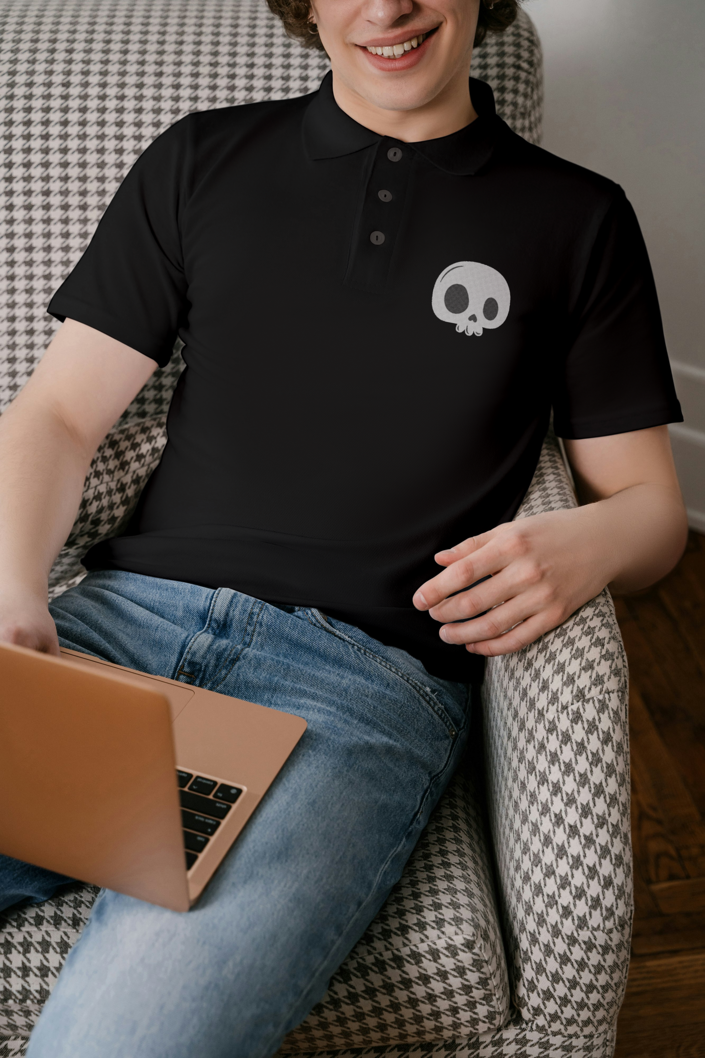 Skull Meets Cute – Black Polo with Fun cartoony Skull Embroidery