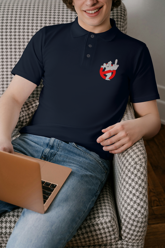 Ghostly Fun – Navy Blue Polo Shirt with Ghostbusters-Inspired Embroidery