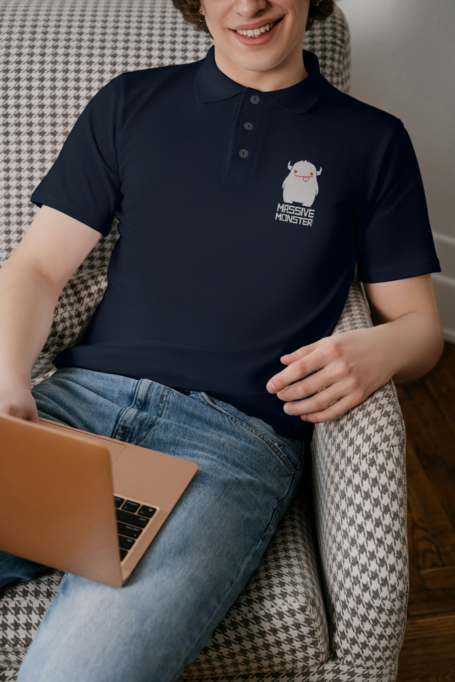 Massive Monster Vibes – Navy Polo Shirt with Cute & Quirky Embroidery