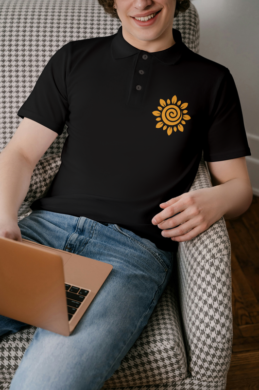 Unique Sunflower Embroidered Polo – Classic Black Edition