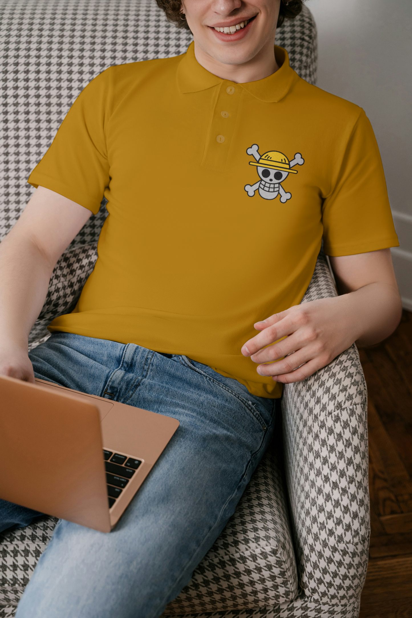 Mustard Yellow Polo with One Piece-Inspired Straw Hat Pirate Logo – Bold & Fashionable