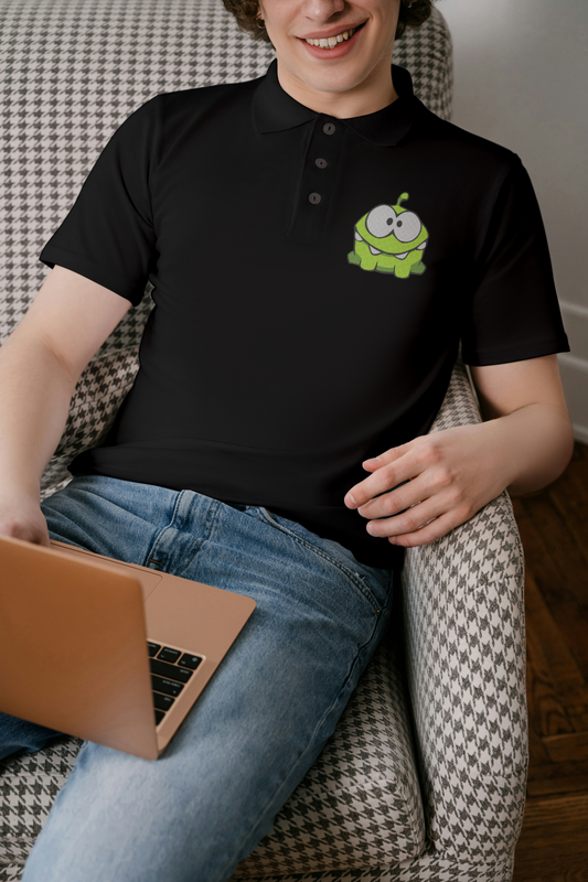 Black Polo Shirt with Om Nom Embroidery – Fun & Stylish Casual Wear