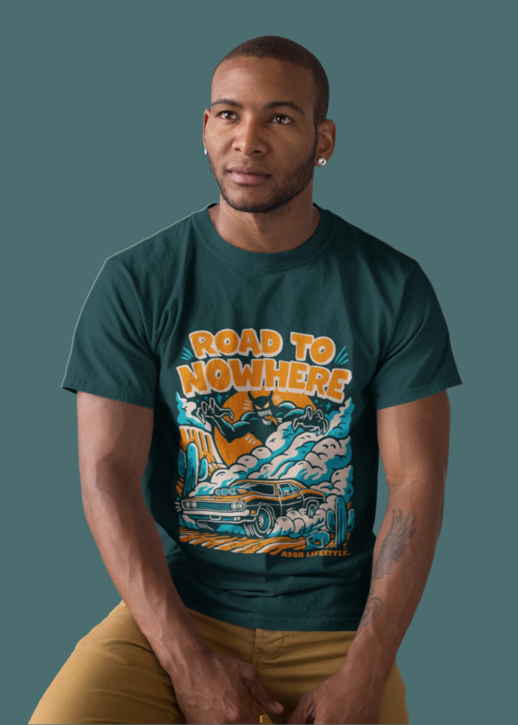 Men's Retro Horror Graphic Tee - "Road to Nowhere" Print | Petrol Blue