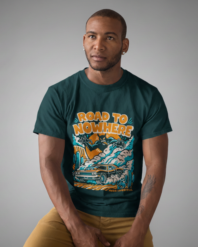 Men's Retro Horror Graphic Tee - "Road to Nowhere" Print | Petrol Blue