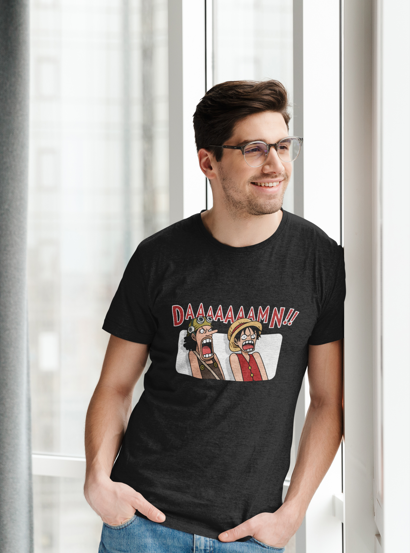 One Piece 'DAAAAAAMN!!' Funny Anime T-Shirt - Unisex Black Melange Polycotton