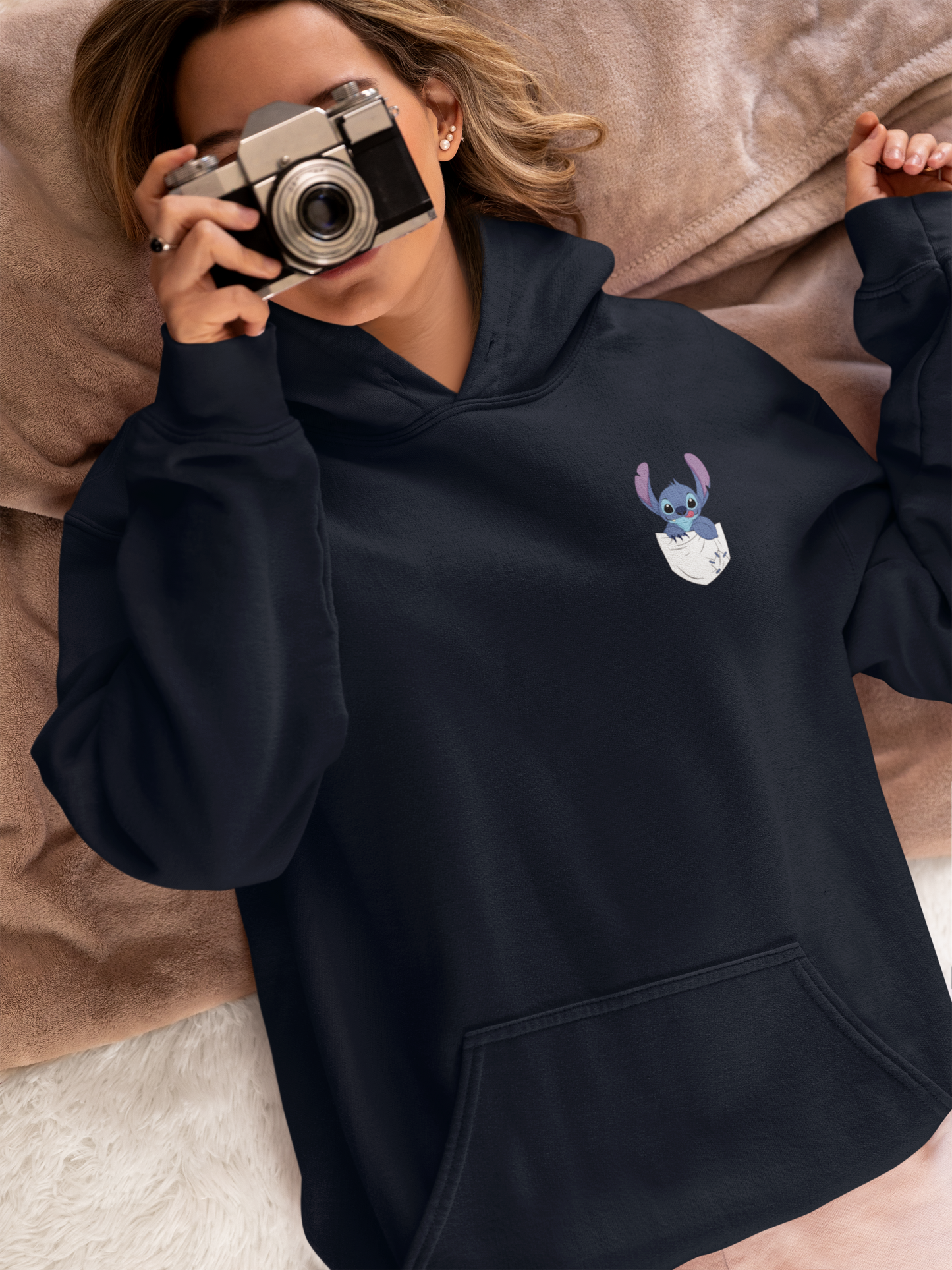 Always Hungry: Stitch-Inspired Navy Blue Hoodie