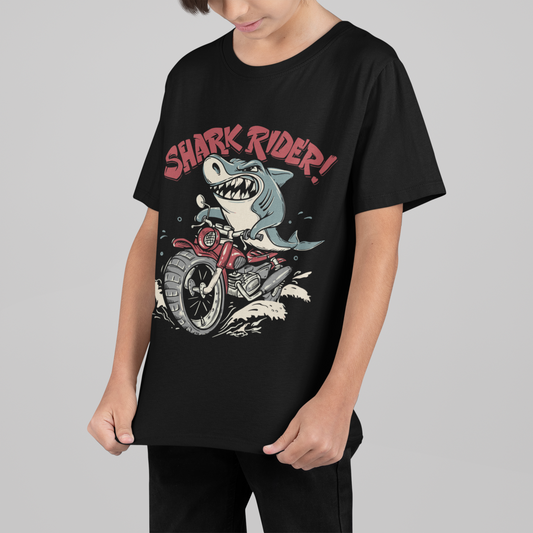 Boys' Shark Rider T-Shirt | Cool Shark on Motorcycle Graphic Tee | 100% Cotton