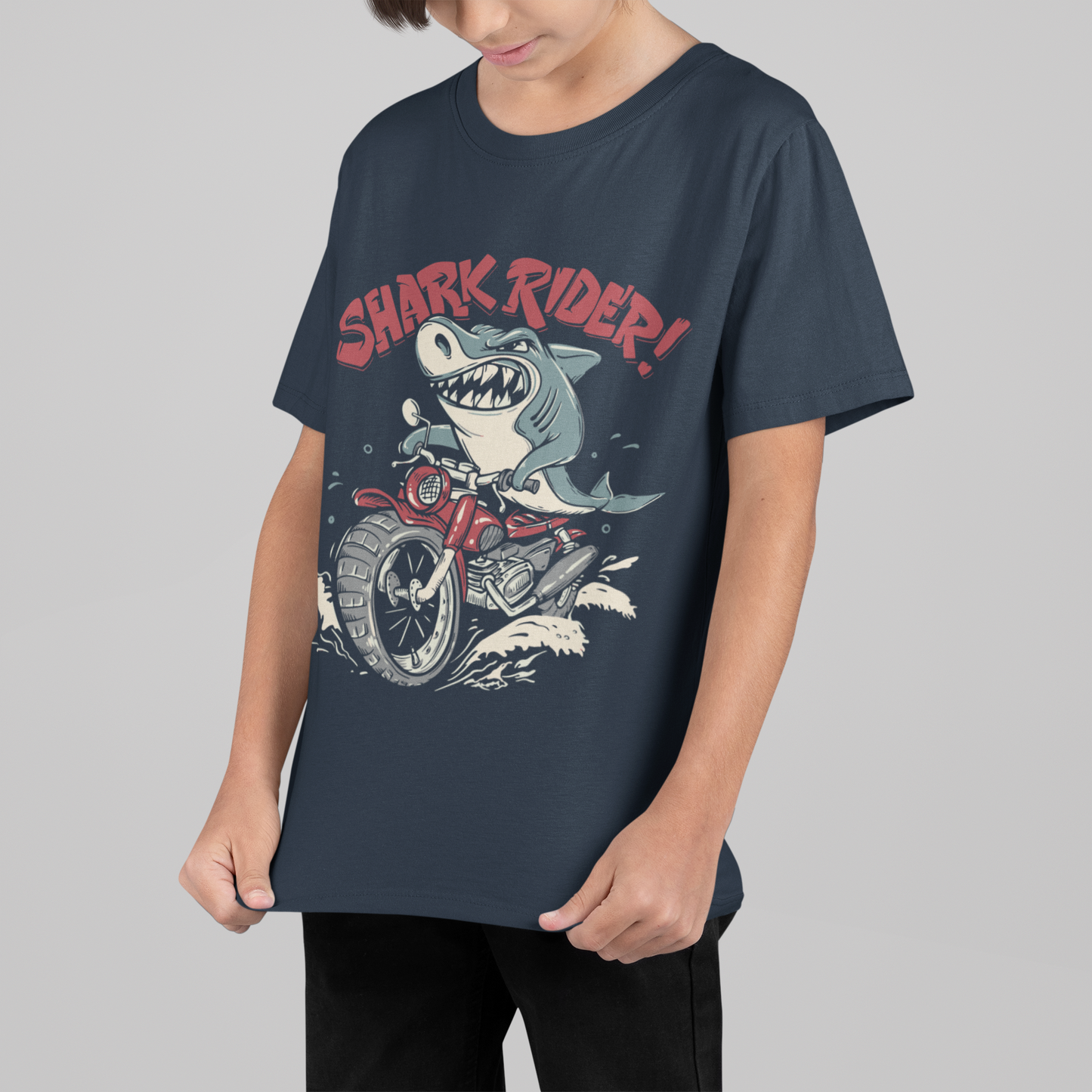 Boys' Shark Rider T-Shirt | Cool Shark on Motorcycle Graphic Tee | 100% Cotton