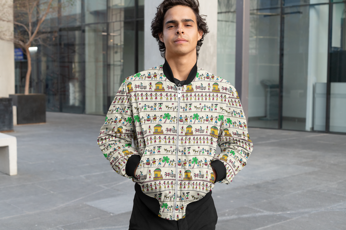 Warli Wonders: Men's Artistic Pattern Bomber Jacket