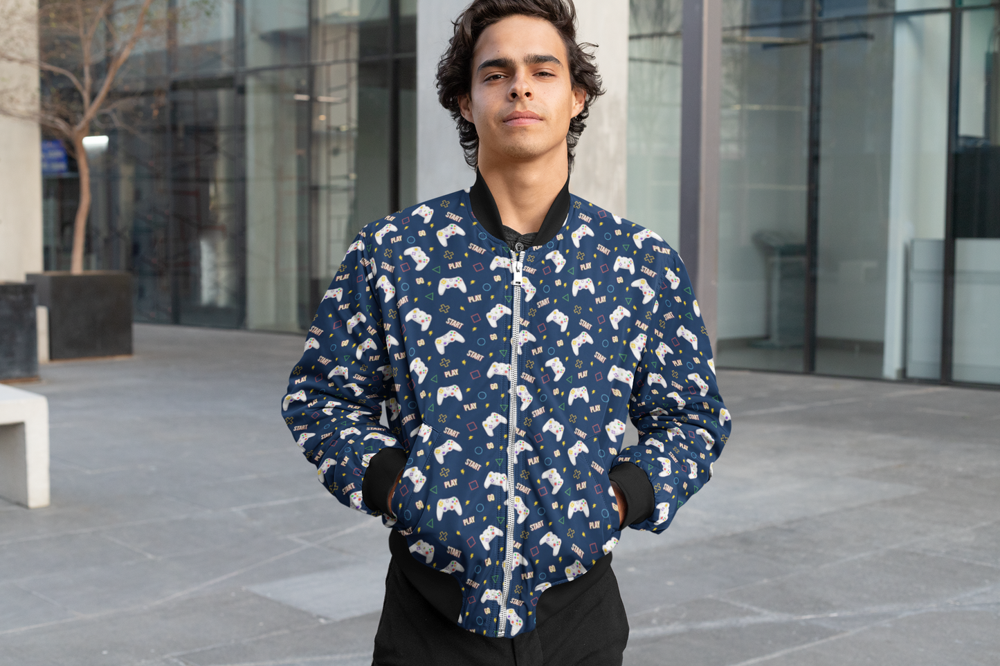 Level Up: Gamer's Blue Game Controller Print Bomber Jacket