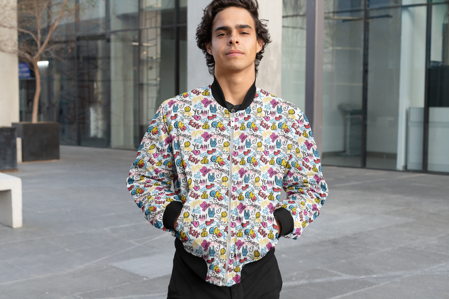 Urban Edge: Men's Graffiti Pattern Bomber Jacket