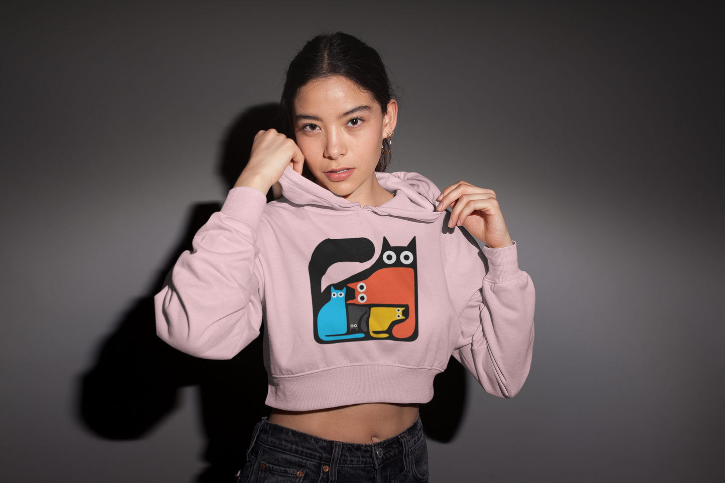 Playful Cat Squad Baby Pink Crop Hoodie – Purrfectly Chic and Cozy!