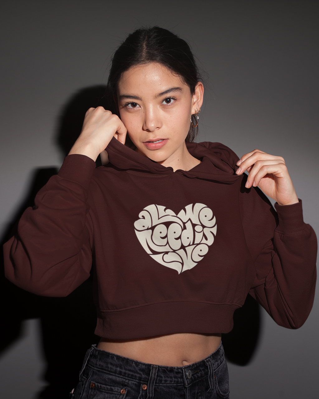 "All We Need Is Love" Heart-Shaped Print Crop Hoodie in Maroon