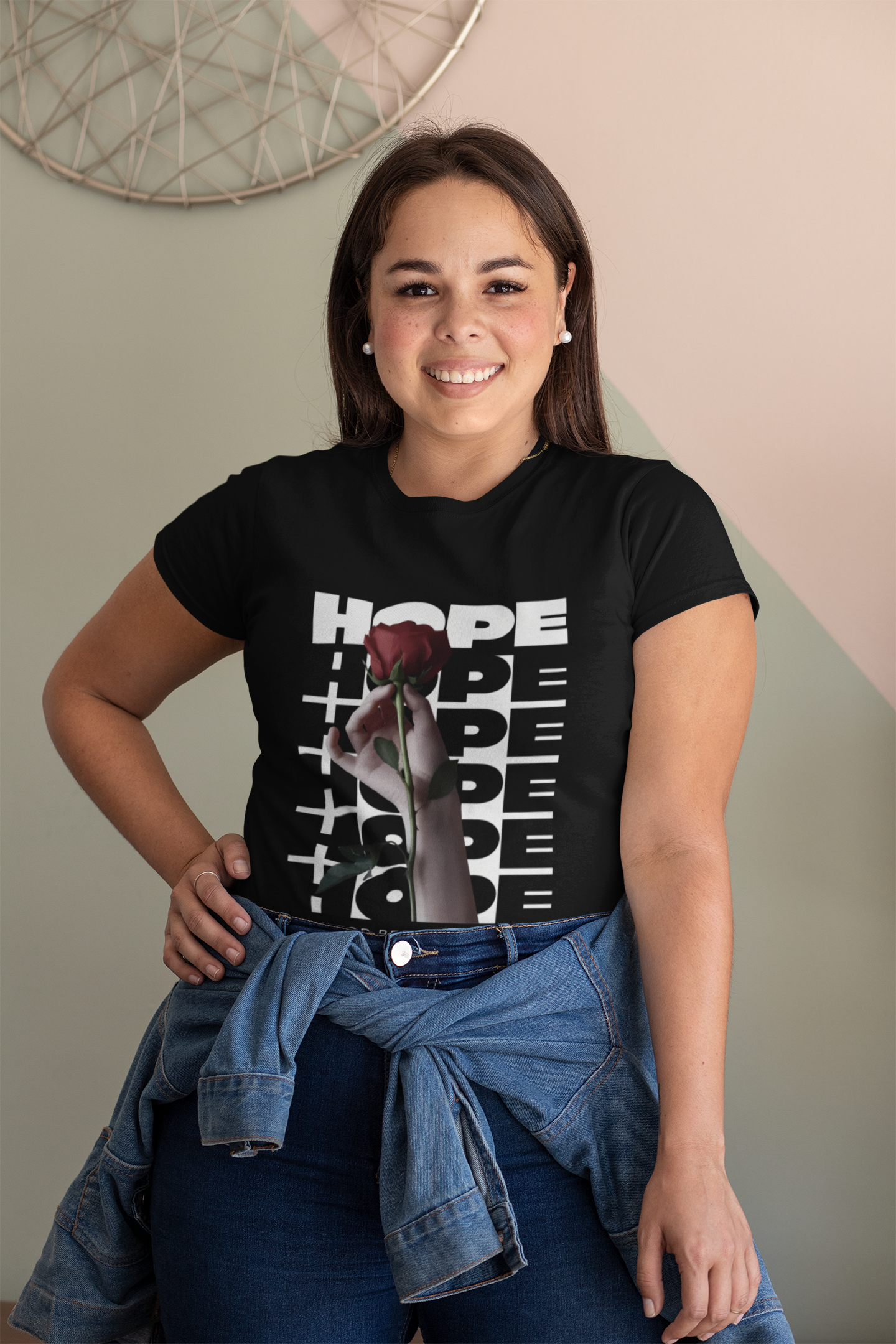 Women's Black Crew T-Shirt – Elegant ‘Hope’ Print with Rose Accent