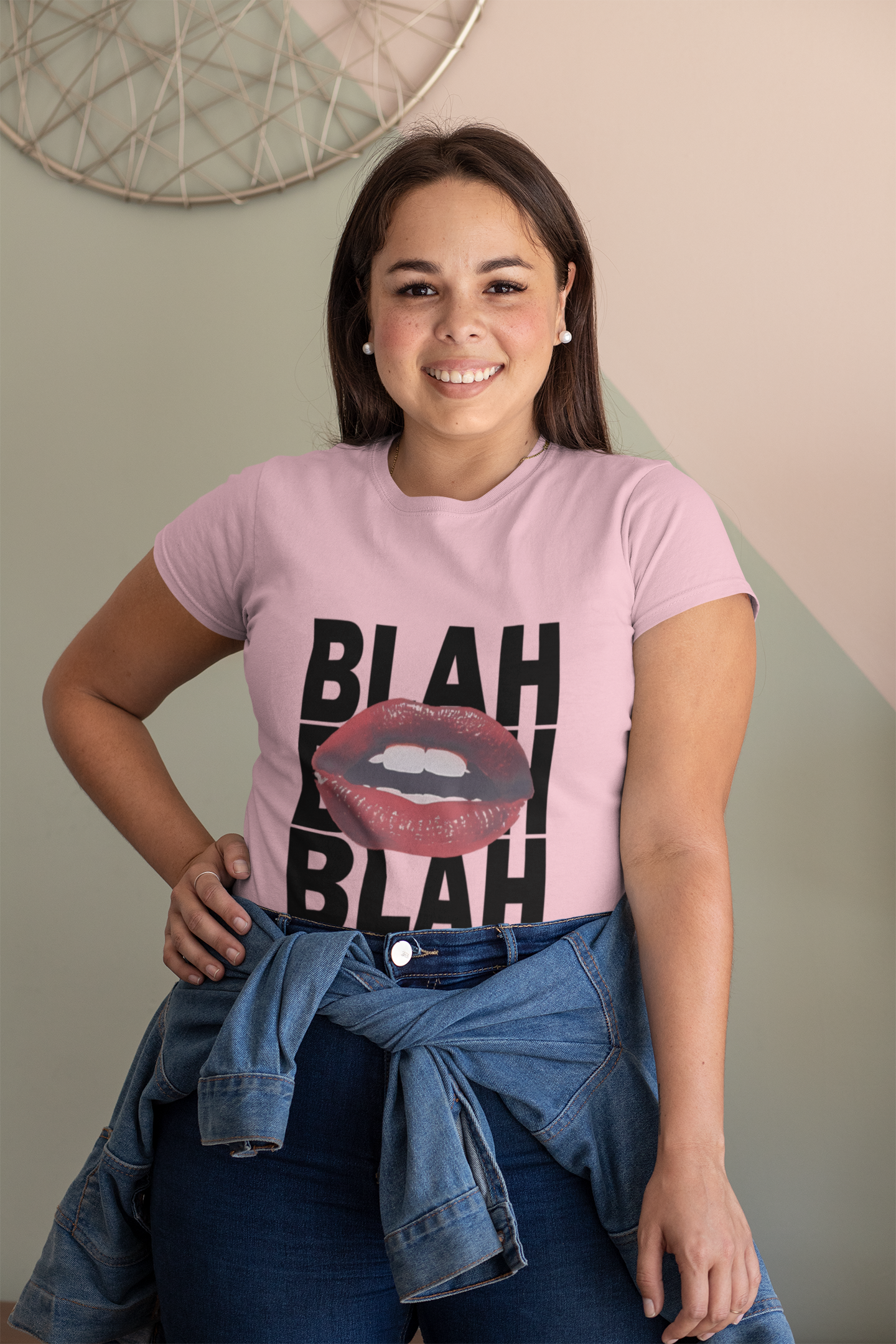Baby Pink Women's Crew T-Shirt – Funky Blah Blah Text with Red Lips Graphic
