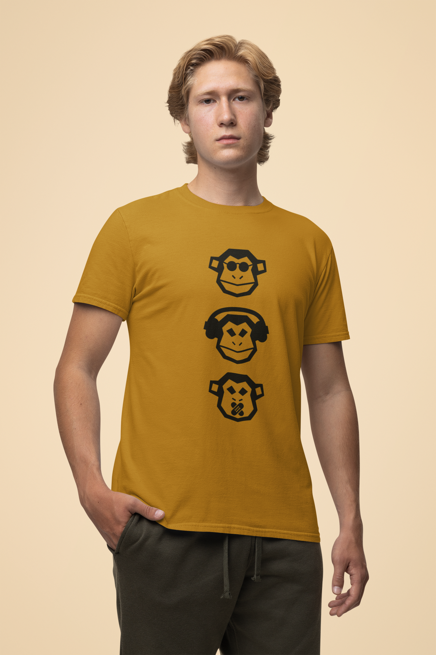 Pure Cotton Mustard Yellow Tee | See Hear Speak No Evil Monkey Print