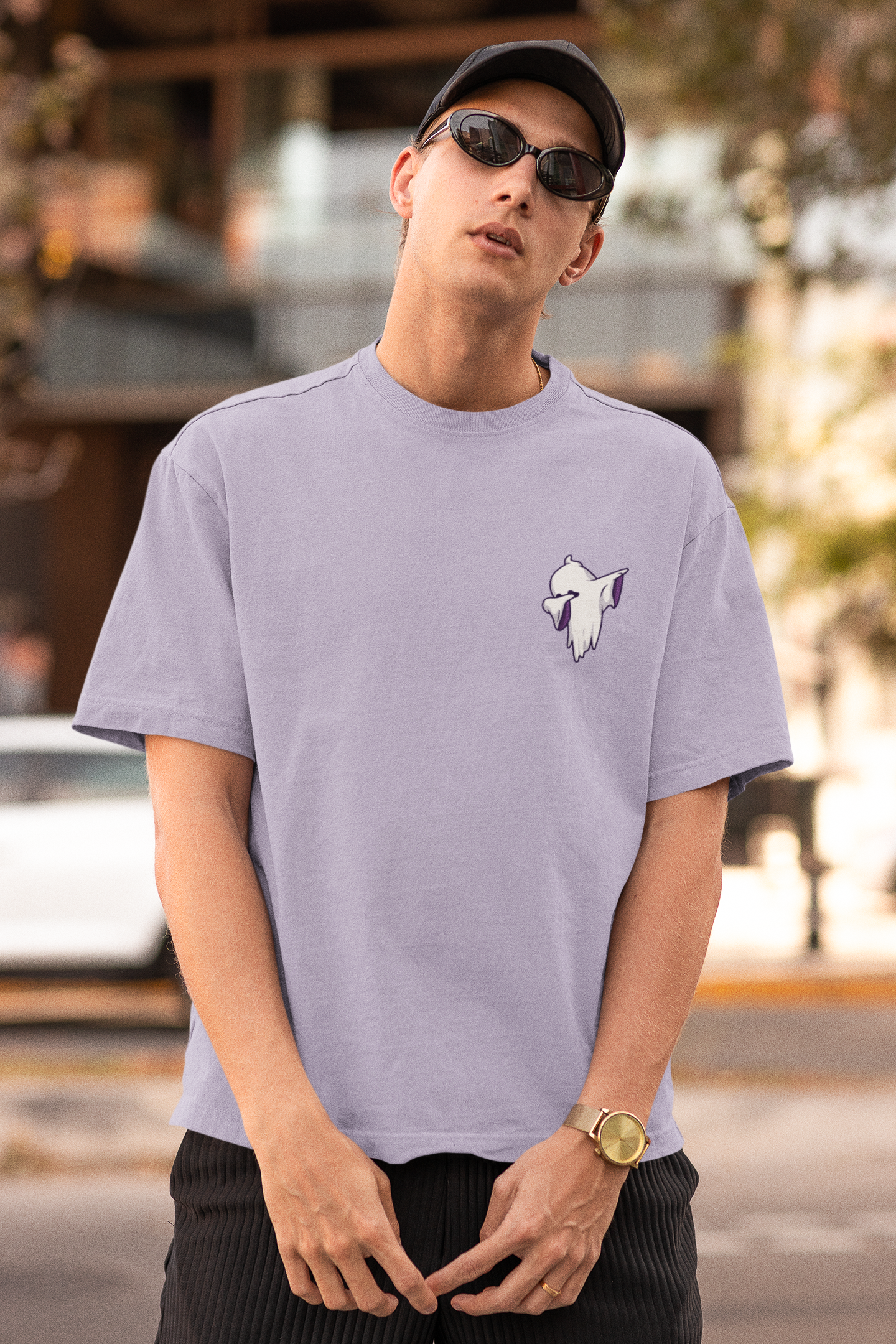 Lavender Oversized Tee – Whimsical Ghost Art Print, Unisex Style