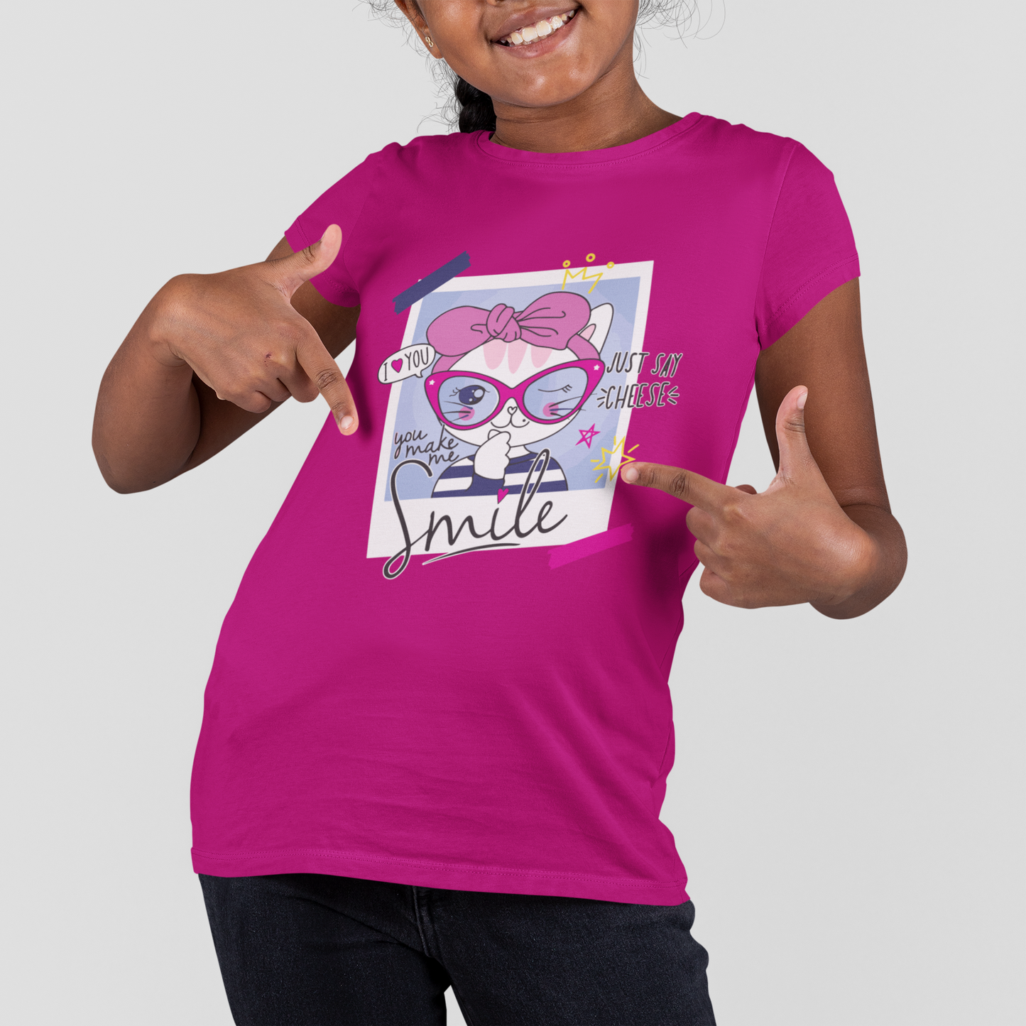 Girls' Graphic Tee with Pink Bow Cat & "Smile" Design