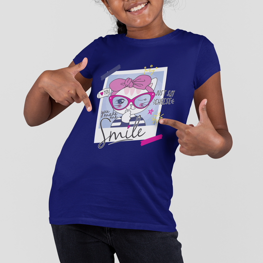 Girls' Graphic Tee with Pink Bow Cat & "Smile" Design