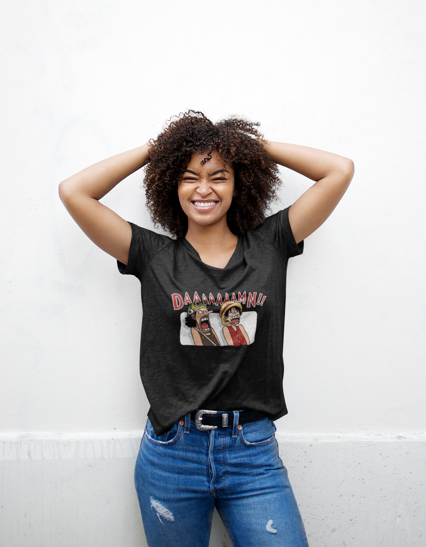 One Piece 'DAAAAAAMN!!' Funny Anime T-Shirt - Unisex Black Melange Polycotton