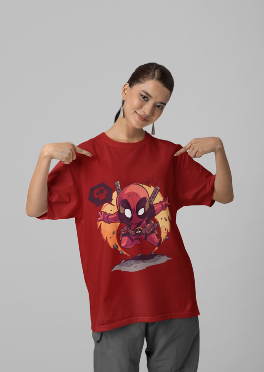 Chibi Deadpool Vibes: Oversized Unisex Red Tee