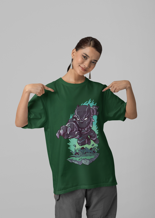 Bottle Green Oversized Unisex T-shirt With chibi Black Panther In Action